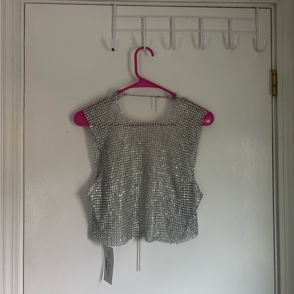 12th Tribe Silver Rhinestone Open-back Crop Top